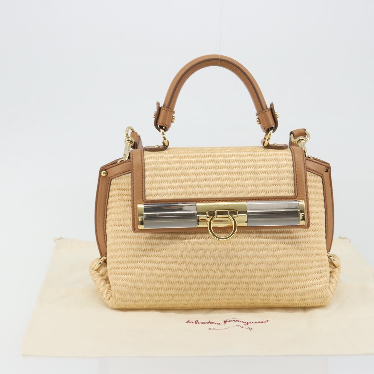 Salvatore Ferragamo Gancini Hand Bag Straw 2way Beige Gold Auth 192906V