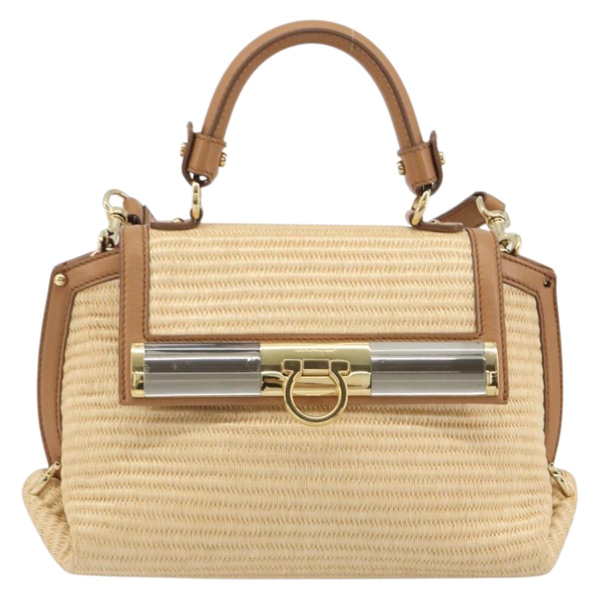 Salvatore Ferragamo Gancini Hand Bag Straw 2way Beige Gold Auth 192906V