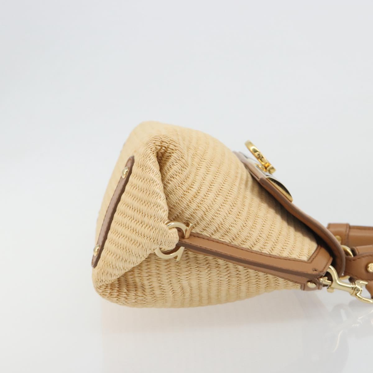 Salvatore Ferragamo Gancini Hand Bag Straw 2way Beige Gold Auth 192906V