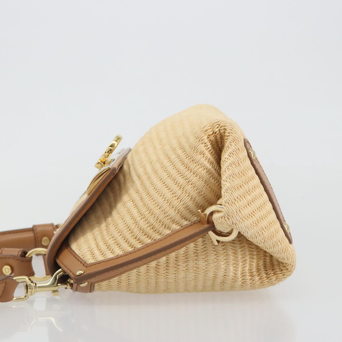 Salvatore Ferragamo Gancini Hand Bag Straw 2way Beige Gold Auth 192906V