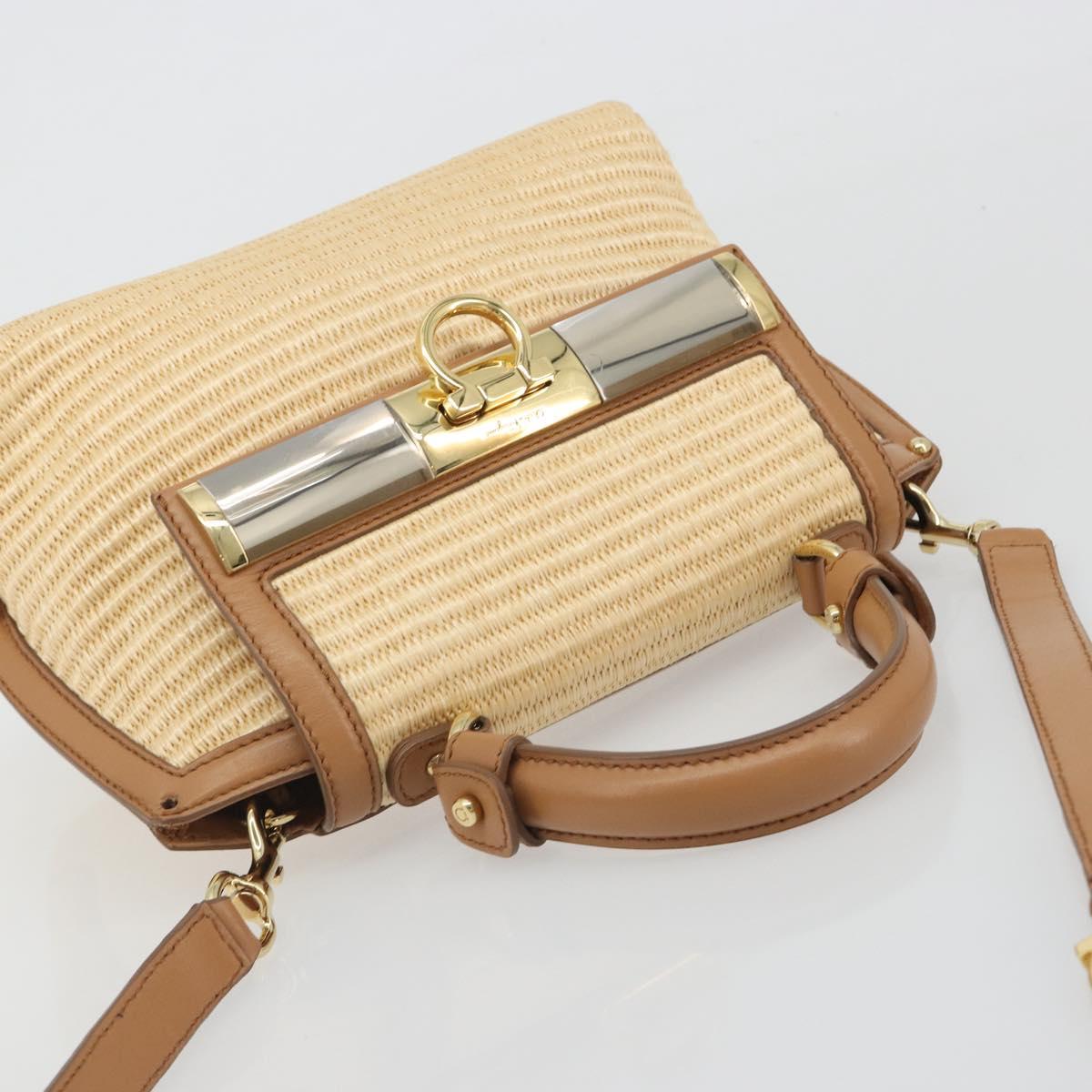 Salvatore Ferragamo Gancini Hand Bag Straw 2way Beige Gold Auth 192906V