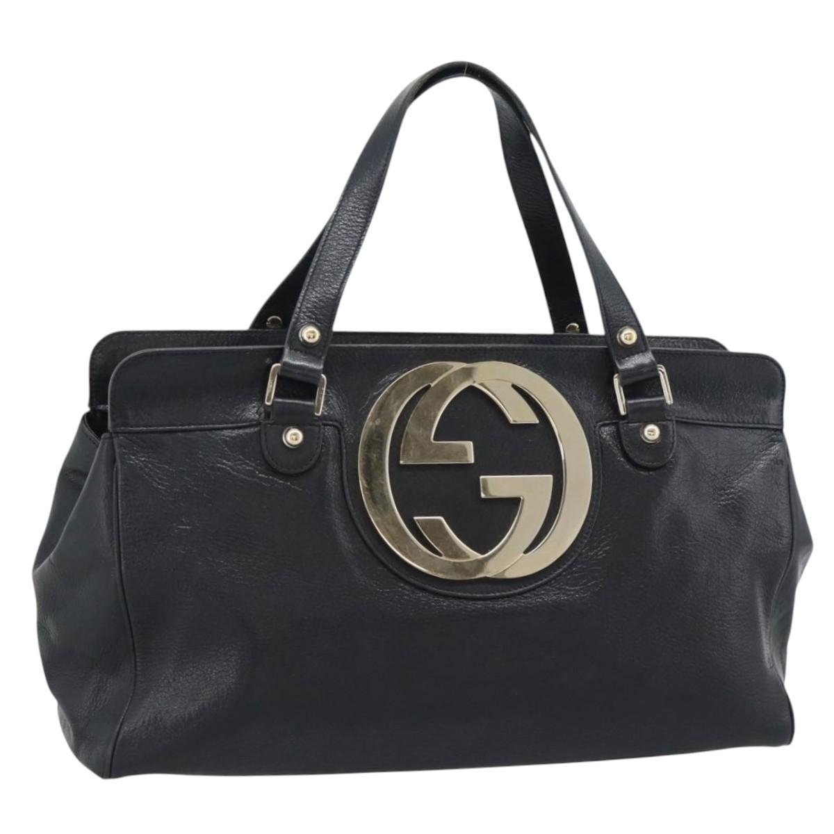 GUCCI Interlocking G Hand Bag Leather Black Gold Tone 131445 Auth 192909