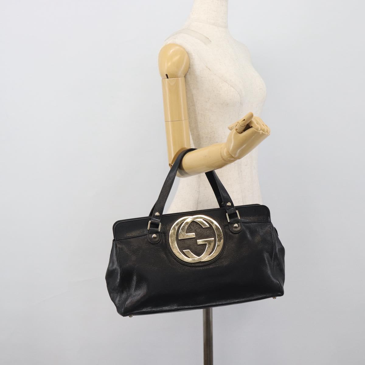 GUCCI Interlocking G Hand Bag Leather Black Gold Tone 131445 Auth 192909