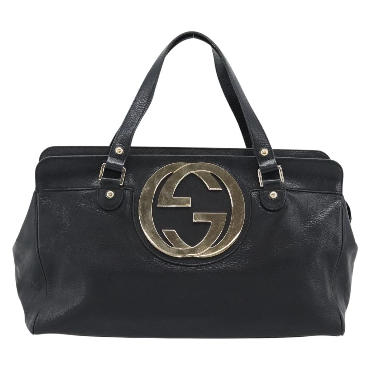 GUCCI Interlocking G Hand Bag Leather Black Gold Tone 131445 Auth 192909