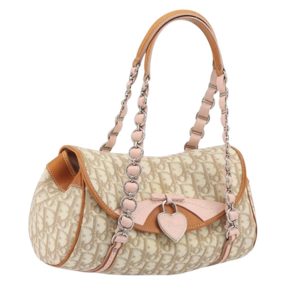 Christian Dior Trotter Canvas Romantic Chain Bag PVC Beige Silver Auth 192923SAM