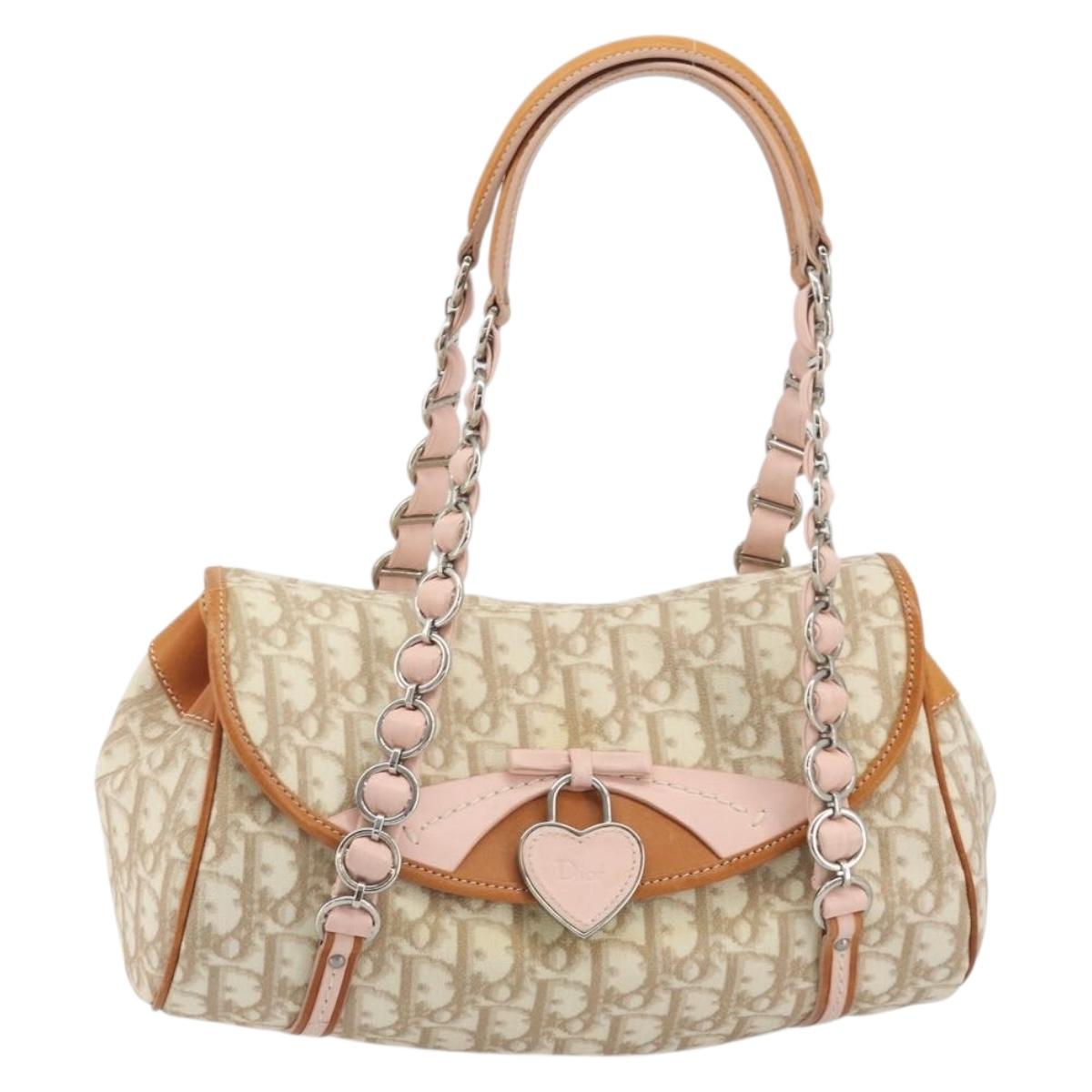 Christian Dior Trotter Canvas Romantic Chain Bag PVC Beige Silver Auth 192923SAM