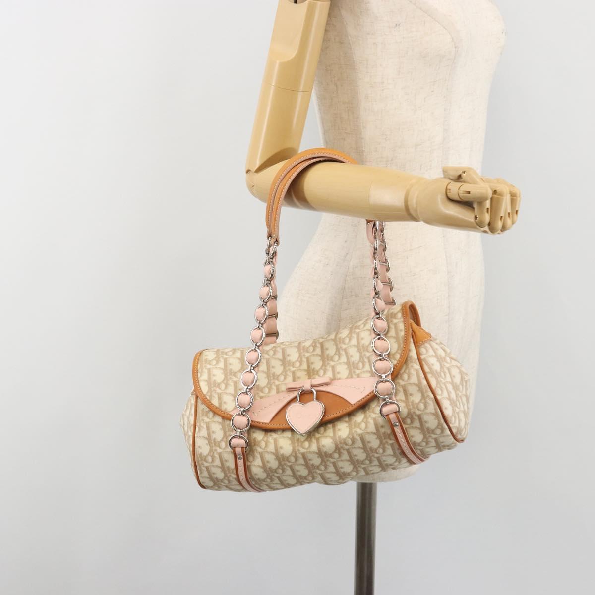 Christian Dior Trotter Canvas Romantic Chain Bag PVC Beige Silver Auth 192923SAM