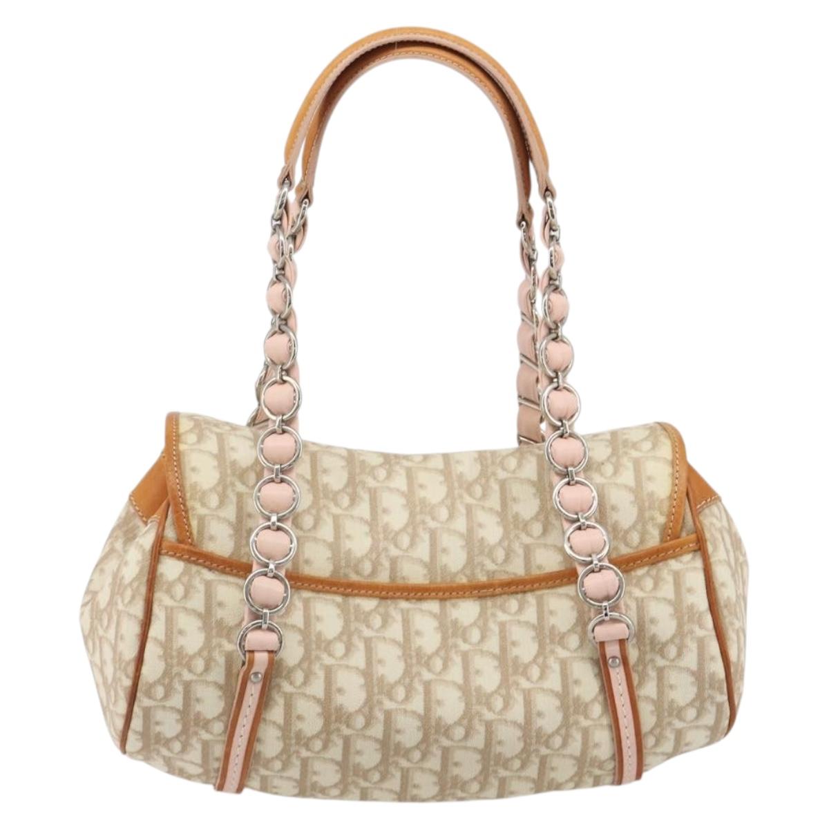 Christian Dior Trotter Canvas Romantic Chain Bag PVC Beige Silver Auth 192923SAM
