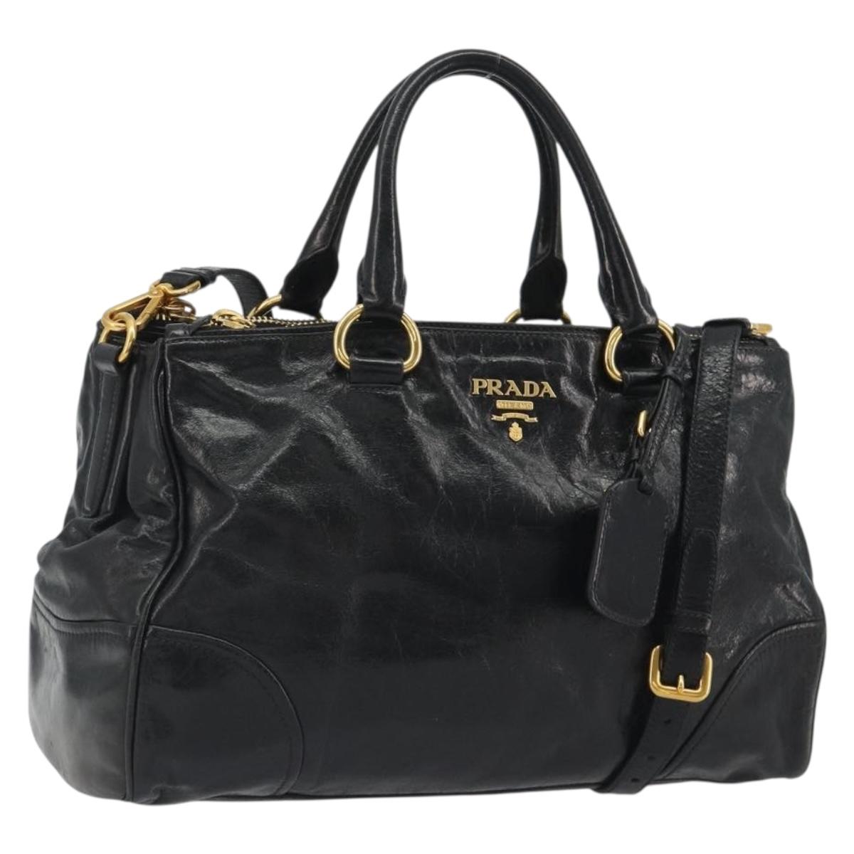 PRADA Hand Bag Leather 2way Black Gold Tone Auth 192927V