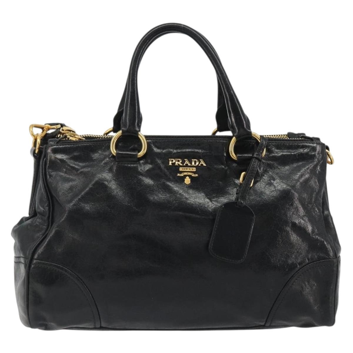 PRADA Hand Bag Leather 2way Black Gold Tone Auth 192927V
