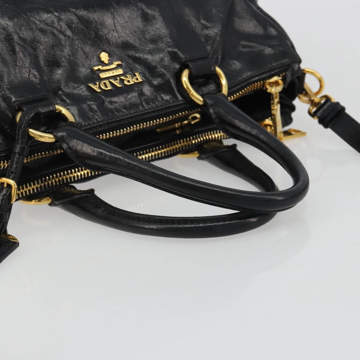 PRADA Hand Bag Leather 2way Black Gold Tone Auth 192927V