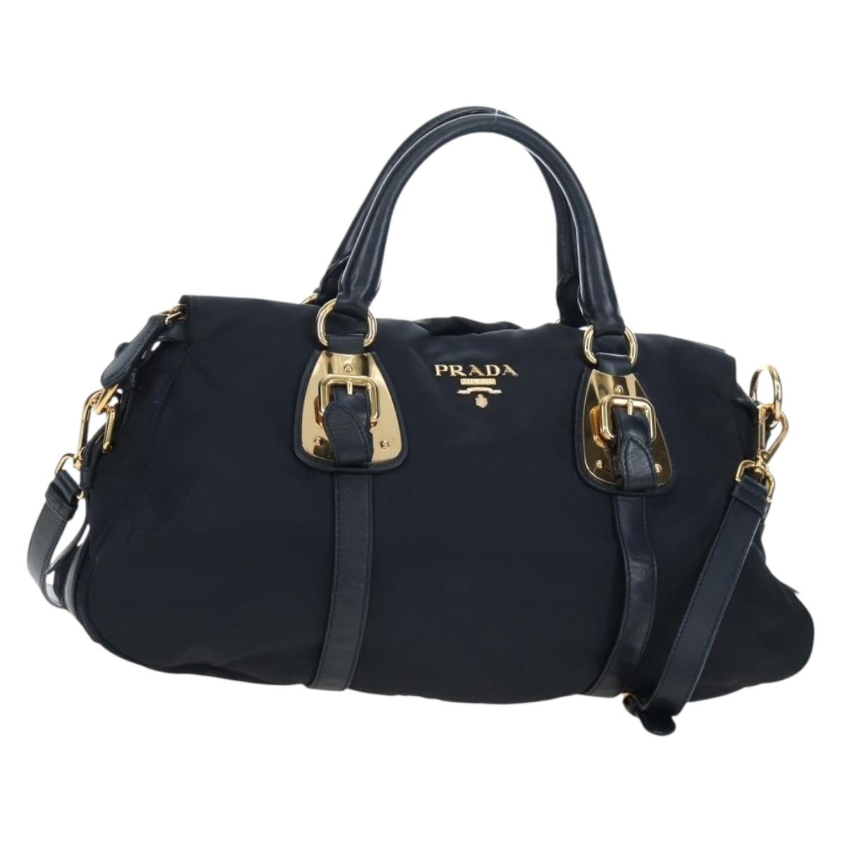 PRADA Hand Bag Nylon 2way Navy Gold Auth 192936V