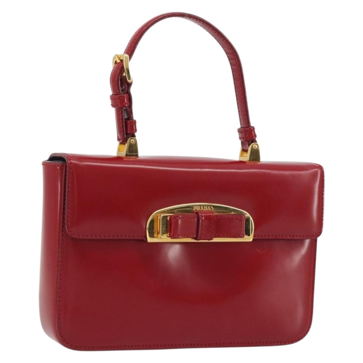 PRADA Hand Bag Leather Red Gold Auth 192949V