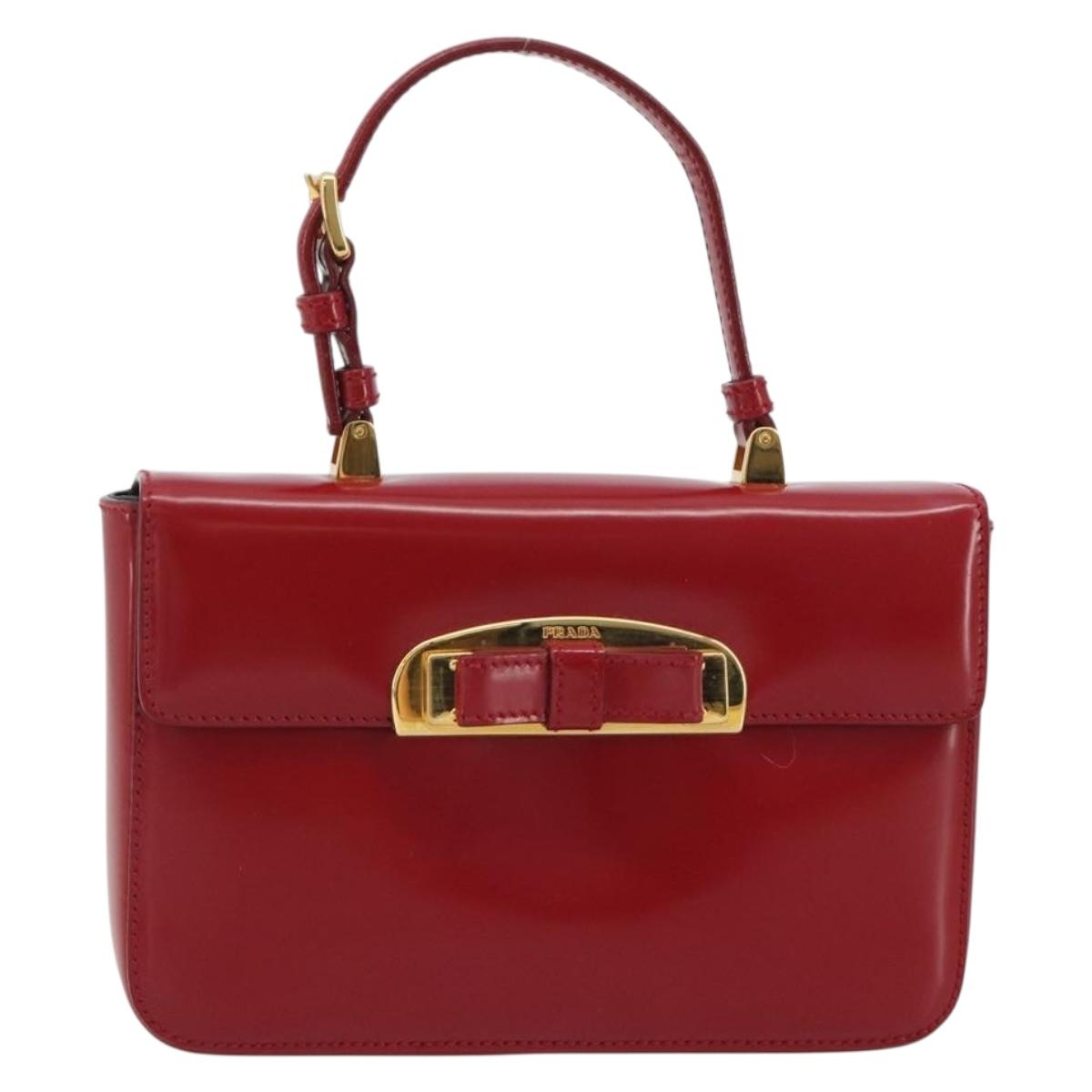 PRADA Hand Bag Leather Red Gold Auth 192949V