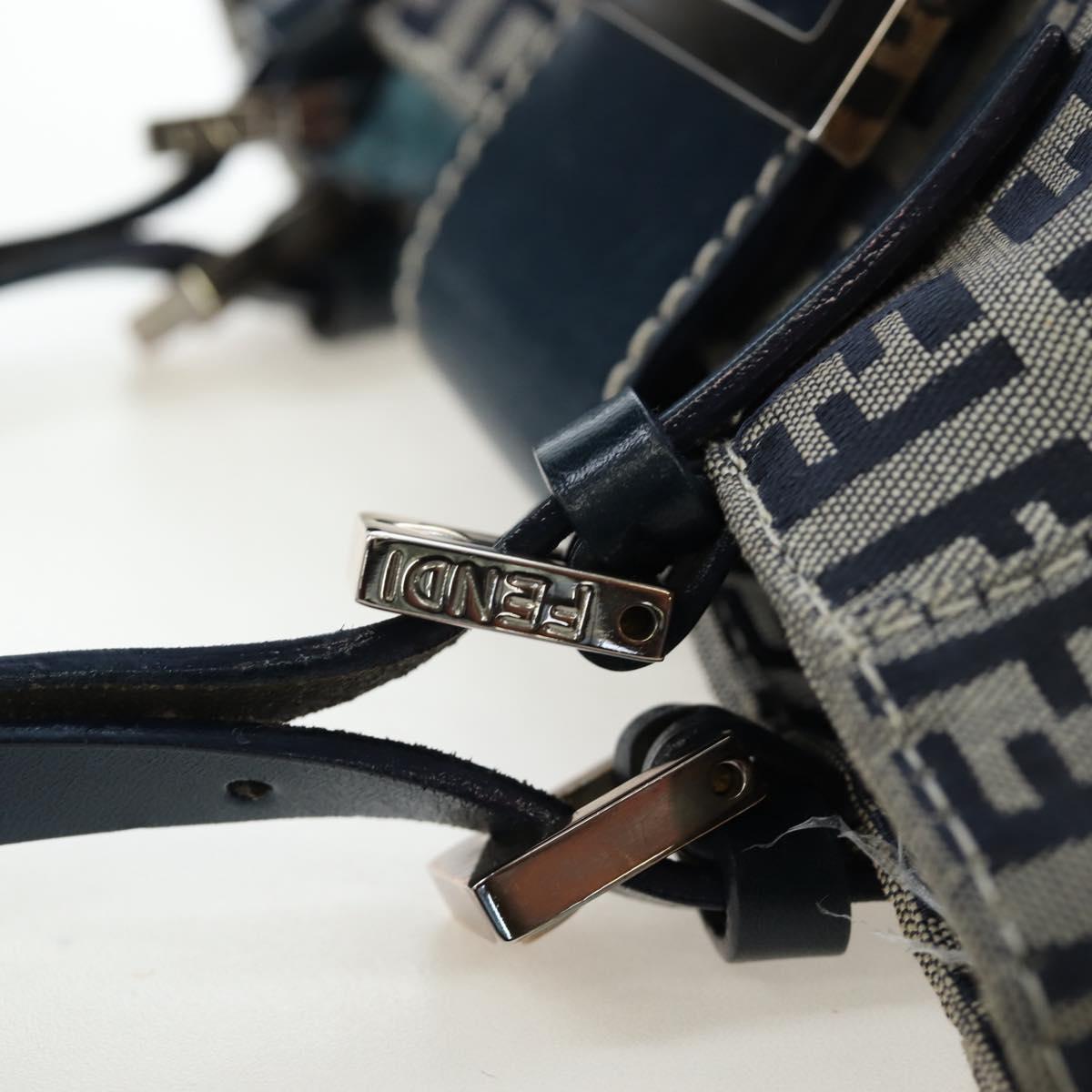 FENDI Zucchino Canvas Mamma Baguette Hand Bag Navy Silver Auth 192983V