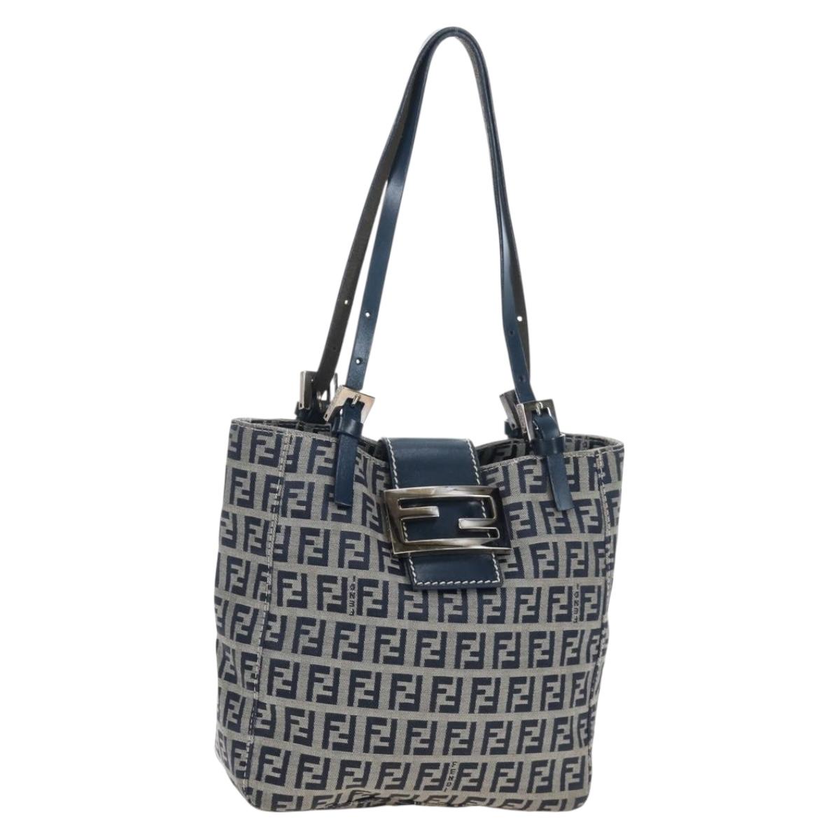 FENDI Zucchino Canvas Mamma Baguette Hand Bag Navy Silver Auth 192983V