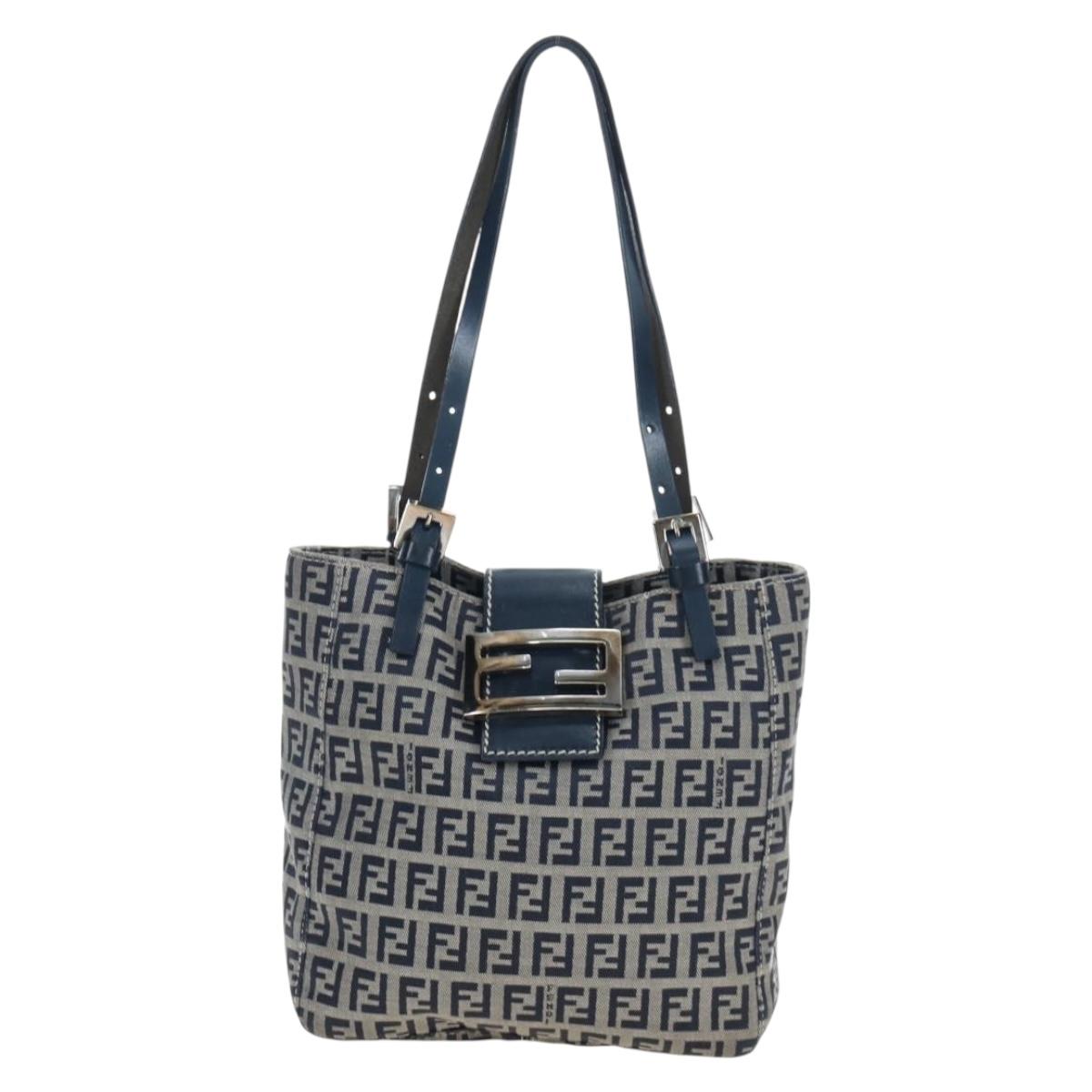 FENDI Zucchino Canvas Mamma Baguette Hand Bag Navy Silver Auth 192983V