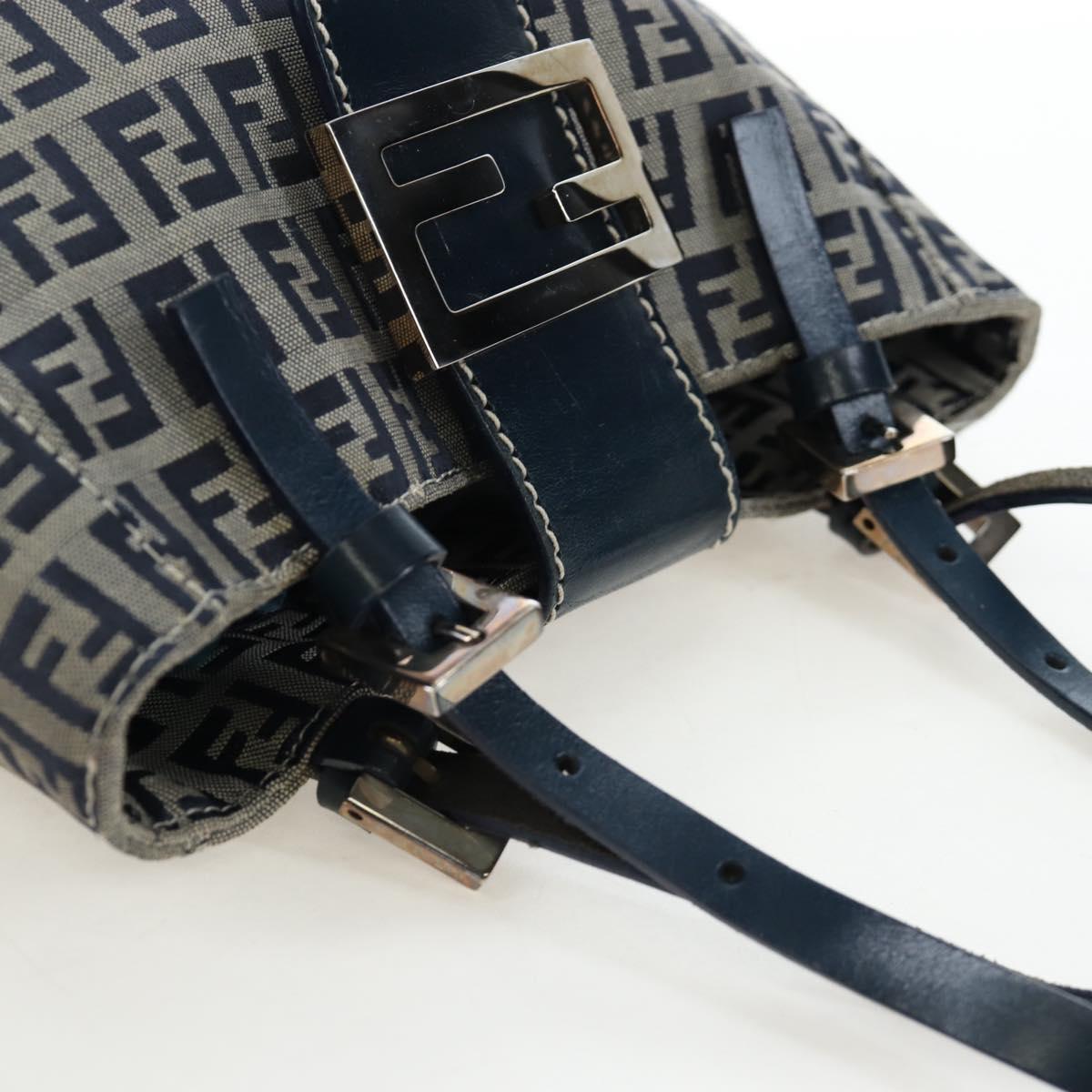 FENDI Zucchino Canvas Mamma Baguette Hand Bag Navy Silver Auth 192983V