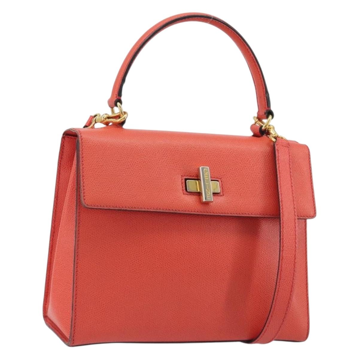 CELINE Hand Bag Leather 2way Red Gold Auth 192995