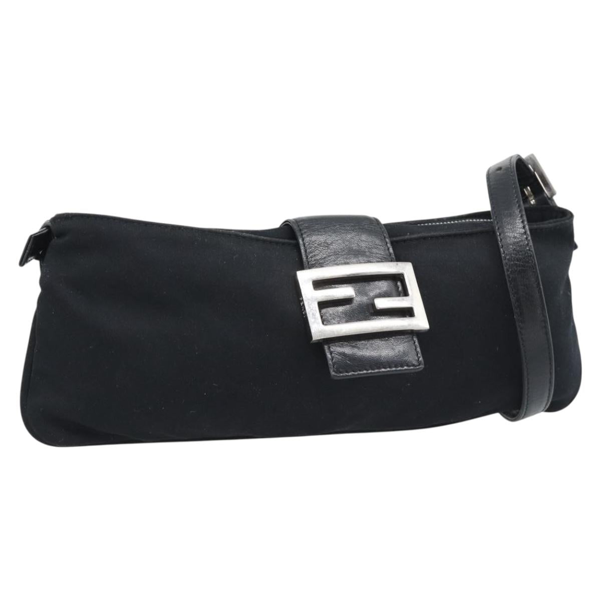 FENDI Mamma Baguette Shoulder Bag Cotton Jersey Black Silver Auth 193016