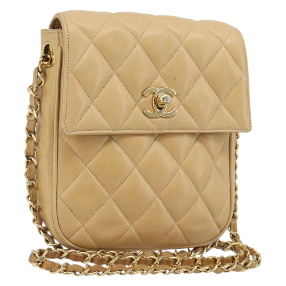 CHANEL Matelasse Chain Shoulder Bag Lamb Skin Beige Gold CC Auth 193017