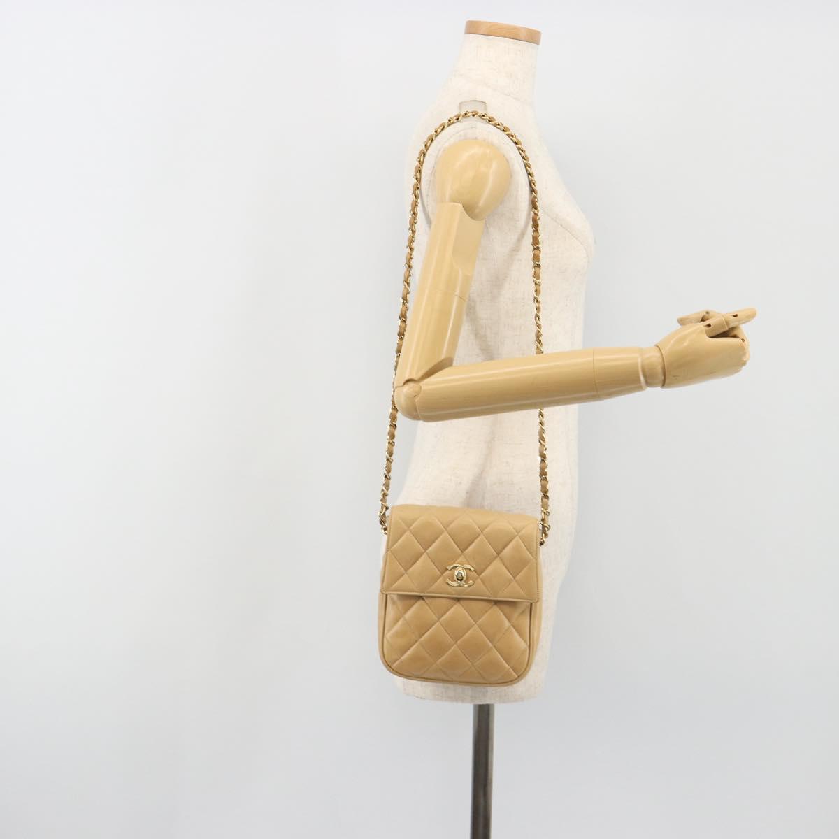 CHANEL Matelasse Chain Shoulder Bag Lamb Skin Beige Gold CC Auth 193017