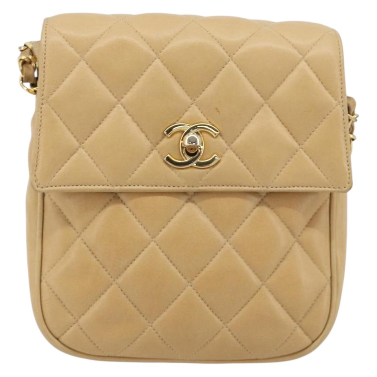 CHANEL Matelasse Chain Shoulder Bag Lamb Skin Beige Gold CC Auth 193017