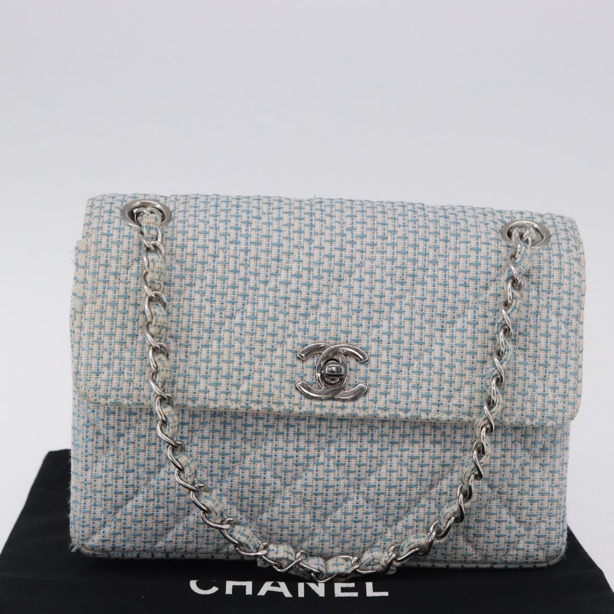 CHANEL Matelasse Chain Shoulder Bag Canvas Light Blue Silver CC Auth 193022SAM