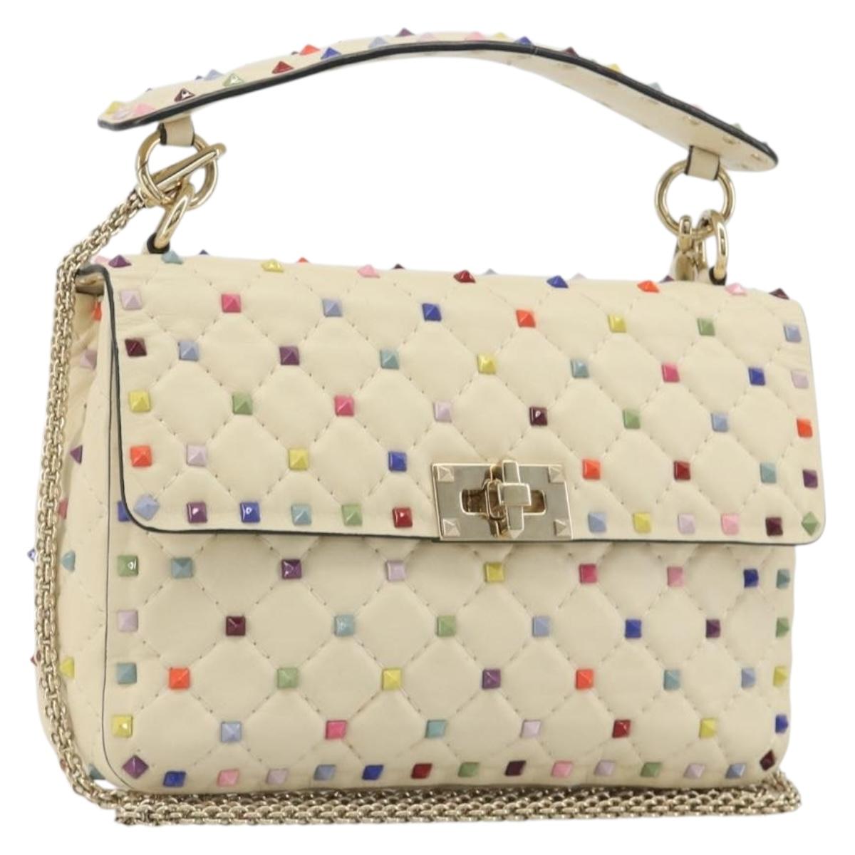 VALENTINO Rock Studs Chain Shoulder Bag Leather 2way Ivory Gold Auth 193023V