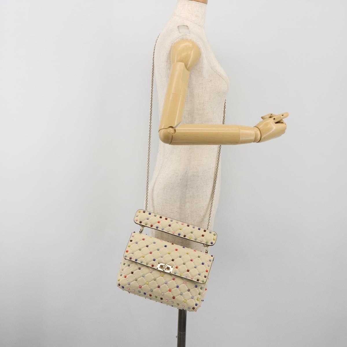 VALENTINO Rock Studs Chain Shoulder Bag Leather 2way Ivory Gold Auth 193023V