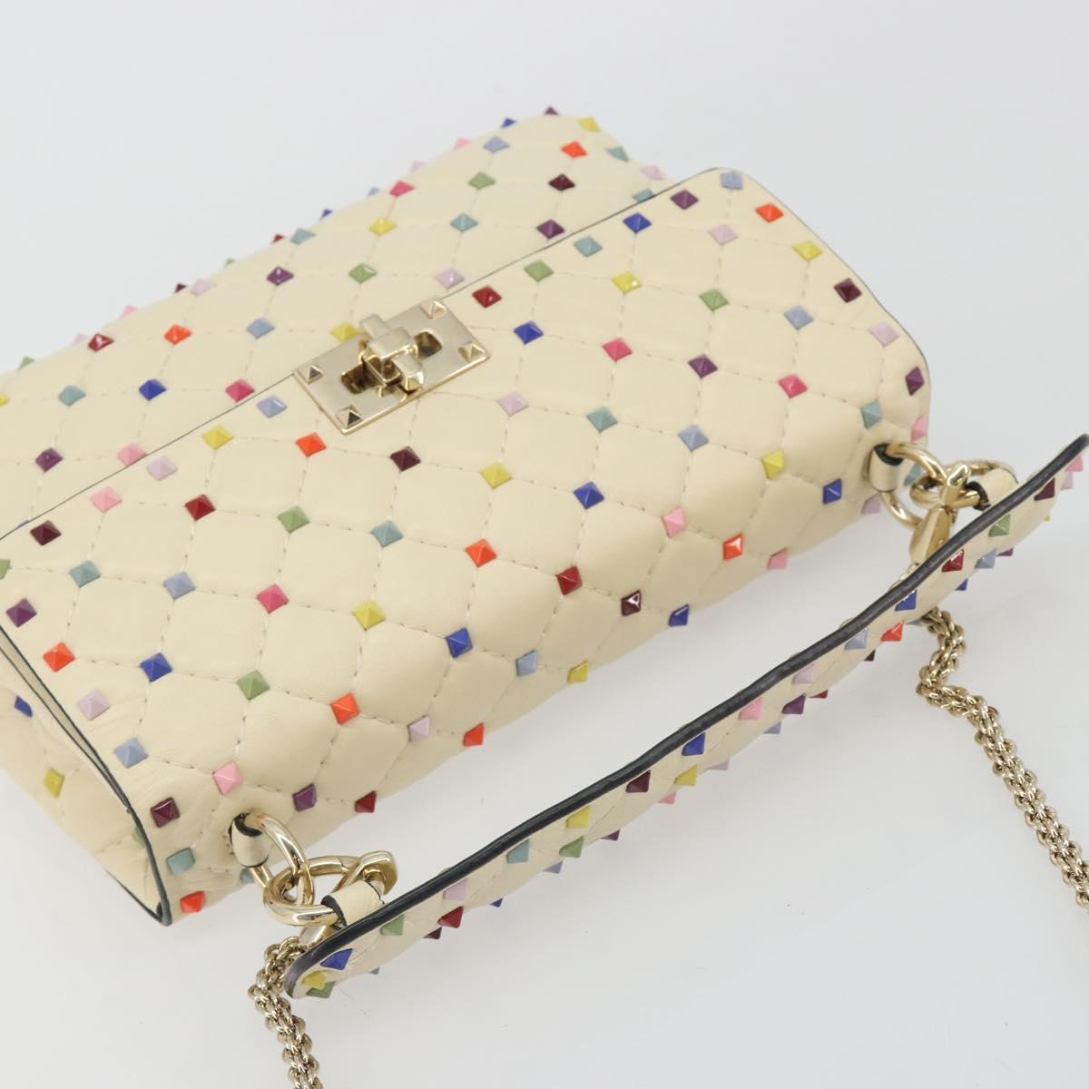 VALENTINO Rock Studs Chain Shoulder Bag Leather 2way Ivory Gold Auth 193023V