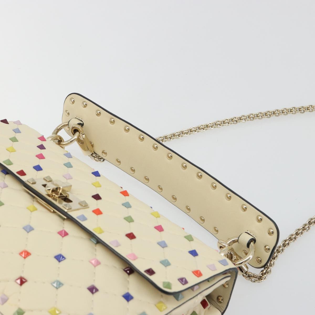 VALENTINO Rock Studs Chain Shoulder Bag Leather 2way Ivory Gold Auth 193023V