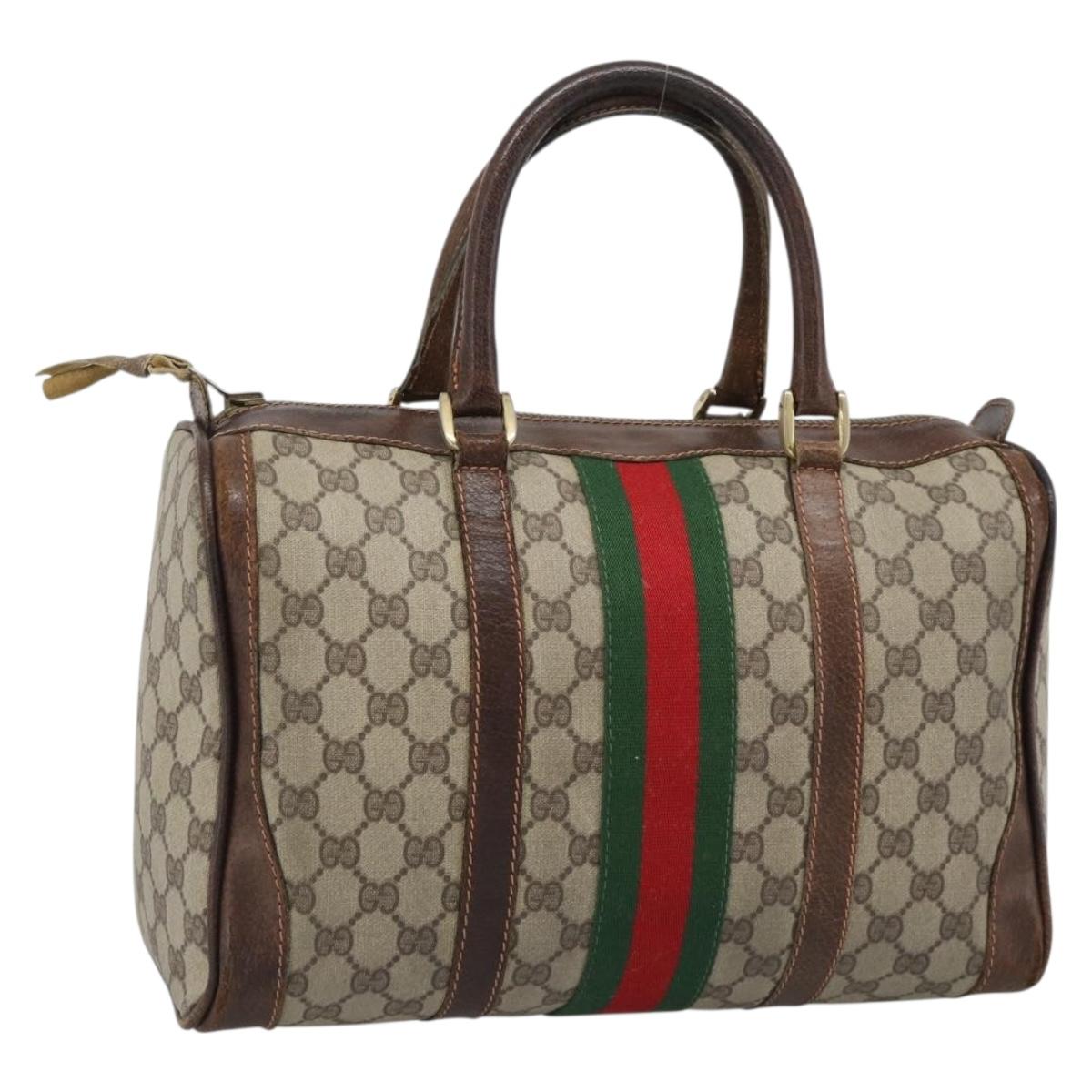 GUCCI GG Supreme Web Sherry Line Boston Bag PVC Beige Gold Auth 193047