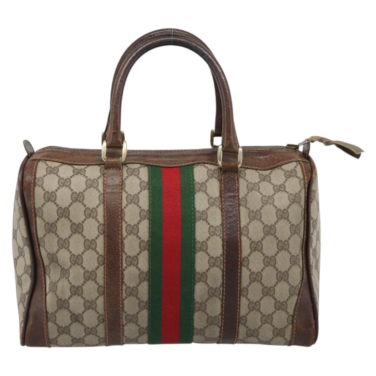 GUCCI GG Supreme Web Sherry Line Boston Bag PVC Beige Gold Auth 193047