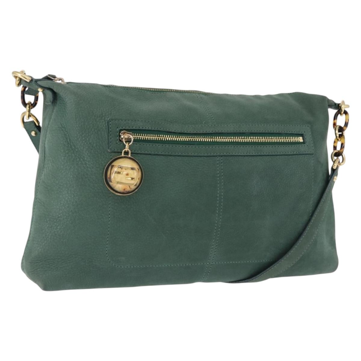FENDI Shoulder Bag Leather Green Gold Auth 193051V