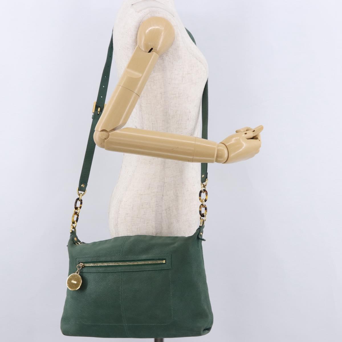 FENDI Shoulder Bag Leather Green Gold Auth 193051V