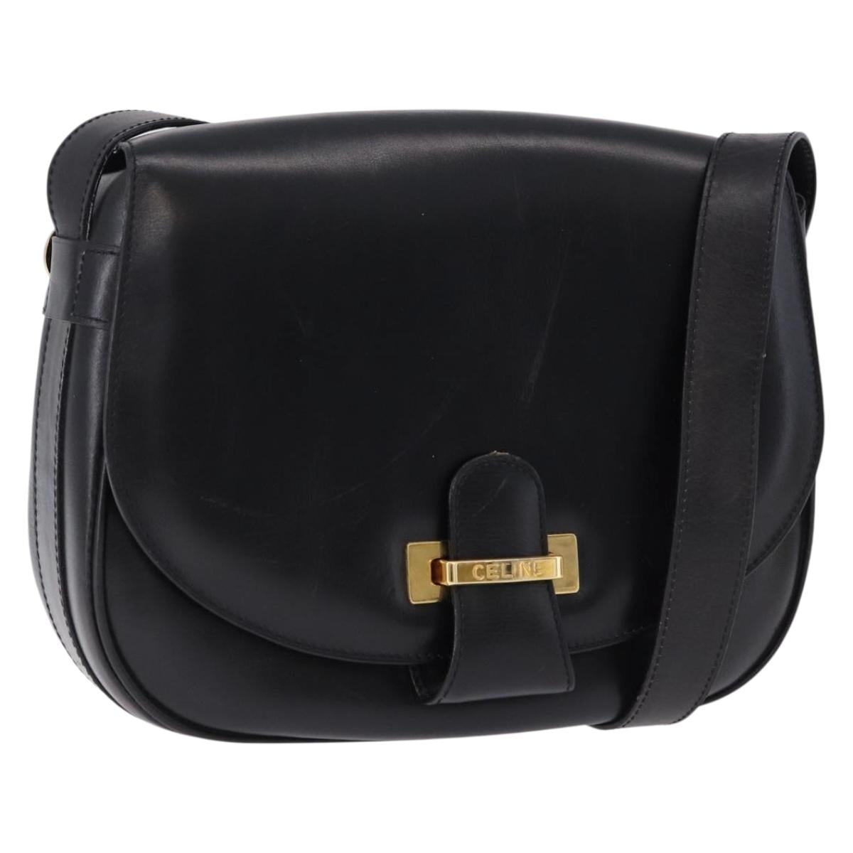 CELINE Shoulder Bag Leather Black Gold Auth 193055