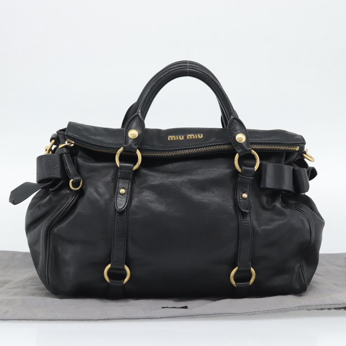 Miu Miu Ribbon Hand Bag Leather 2way Black Gold Auth 193057M