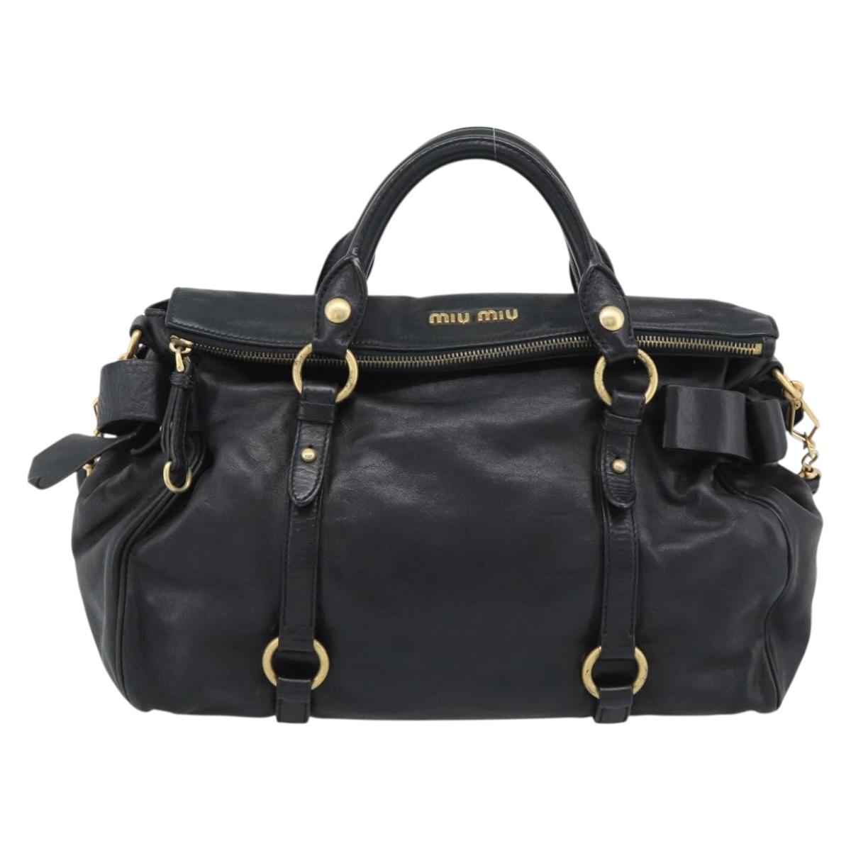 Miu Miu Ribbon Hand Bag Leather 2way Black Gold Auth 193057M