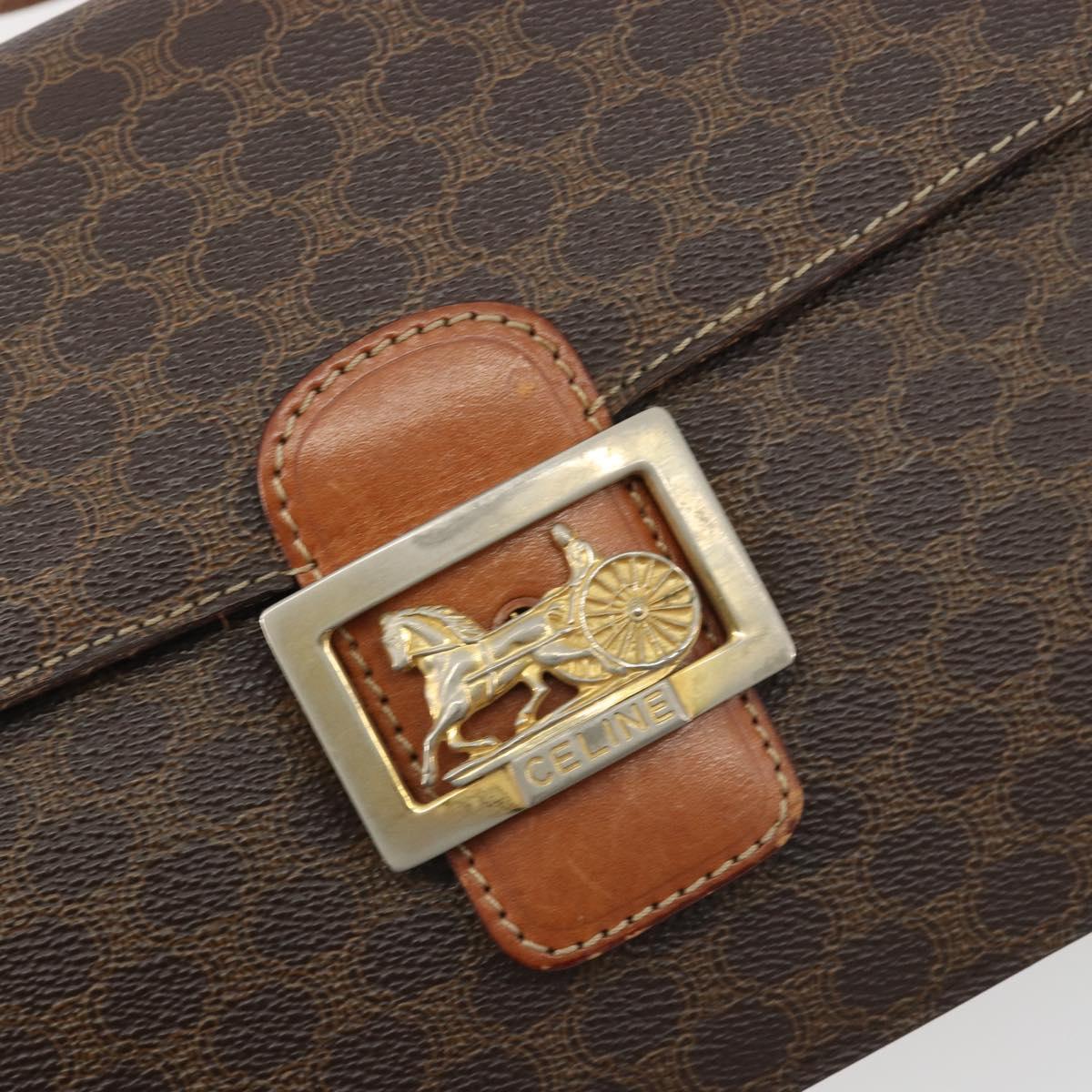 CELINE Macadam Canvas Horse Carriage Bag PVC Leather Brown Gold Auth 193067