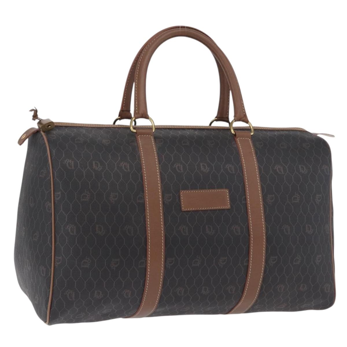 Christian Dior Honeycomb Canvas Boston Bag PVC Black Gold Auth 193070