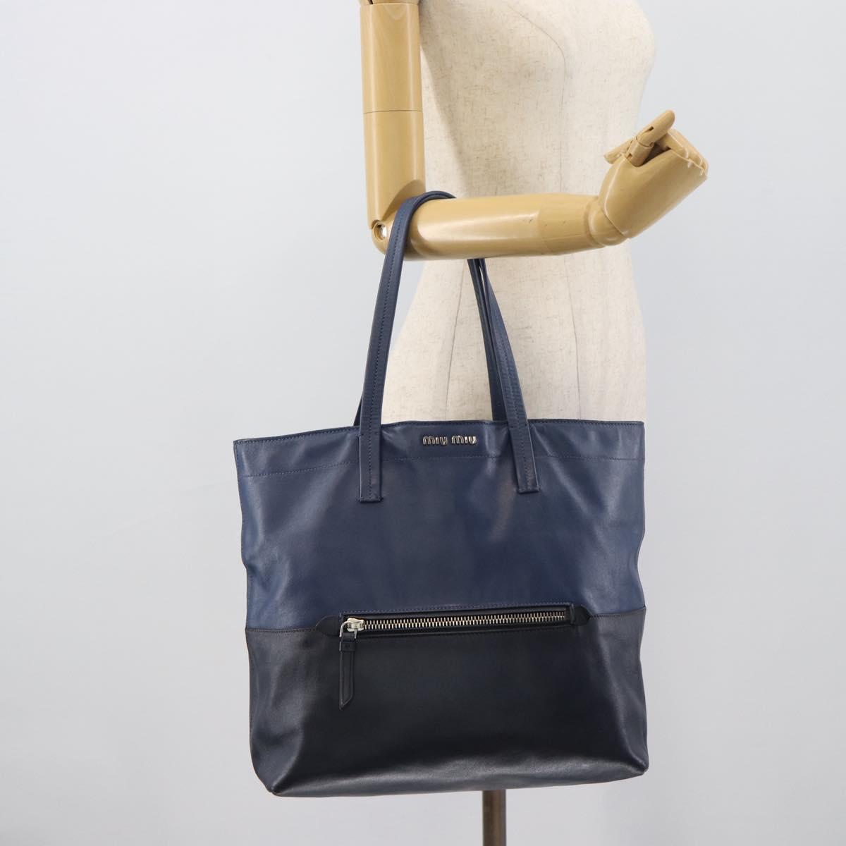 Miu Miu Tote Bag Leather Navy Silver Auth 193071