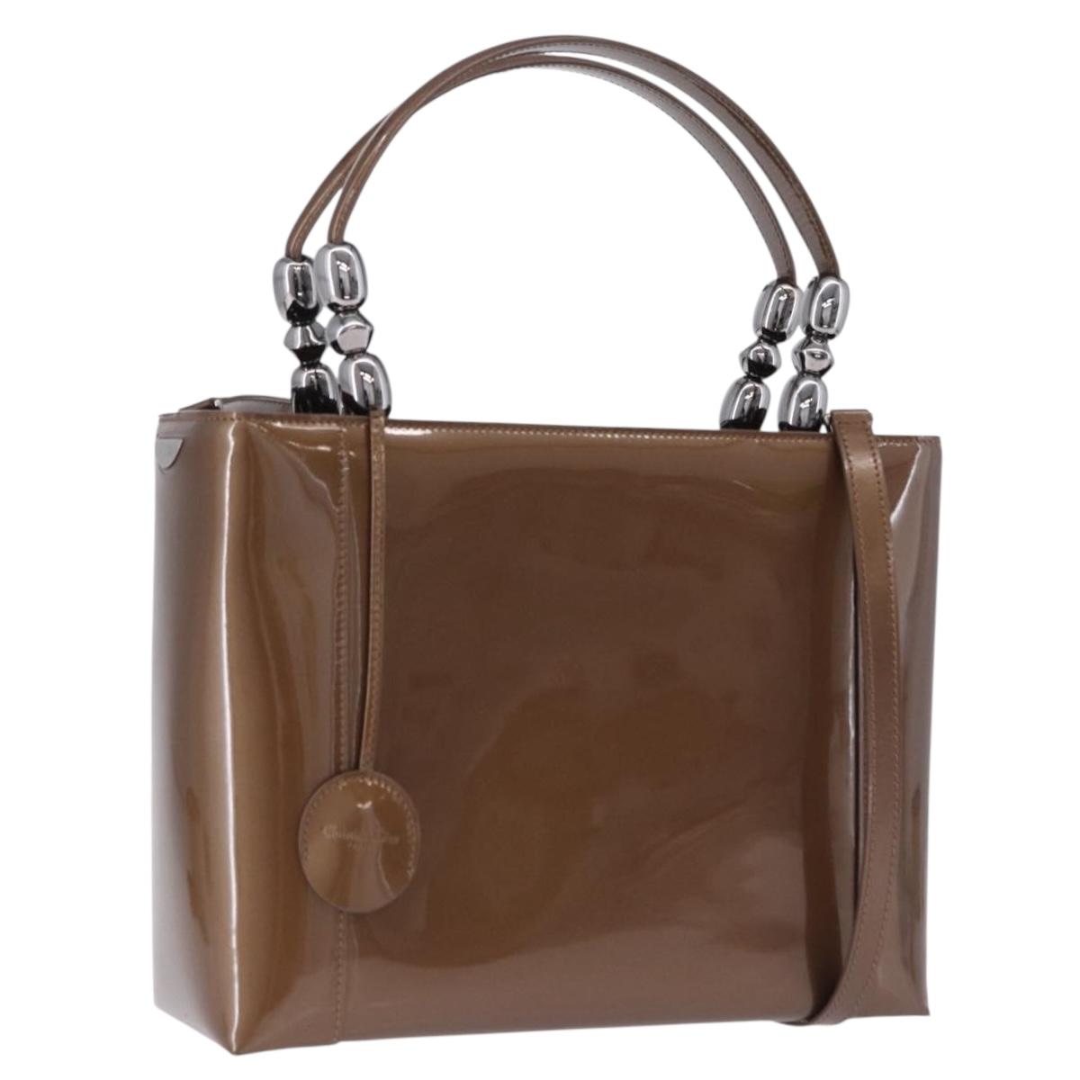 Christian Dior Maris Pearl Bag Patent leather 2way Brown Silver Auth 193076A