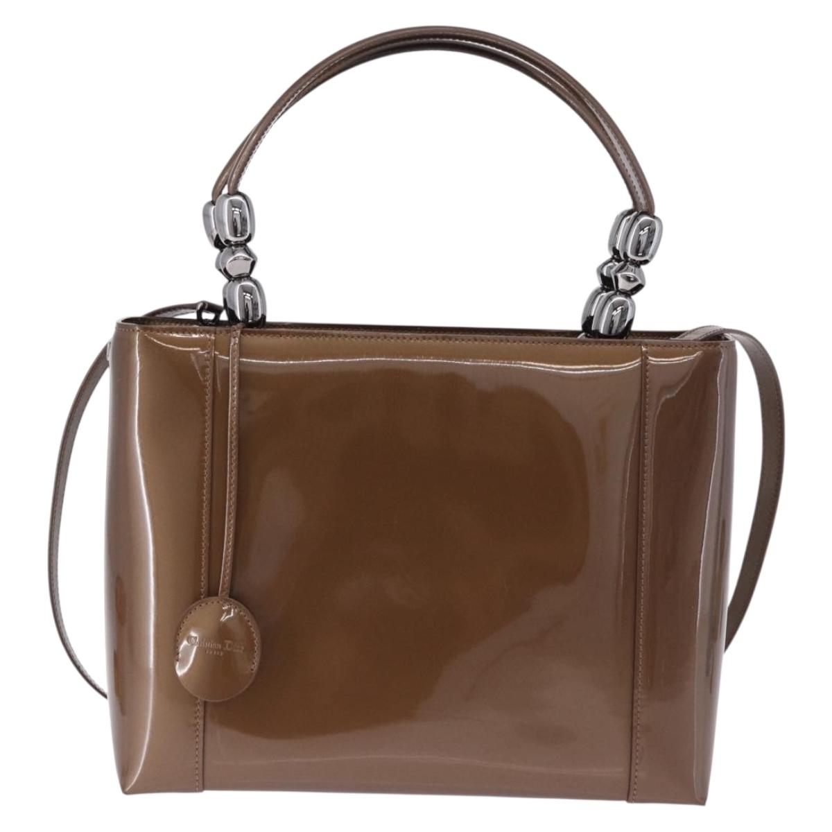 Christian Dior Maris Pearl Bag Patent leather 2way Brown Silver Auth 193076A