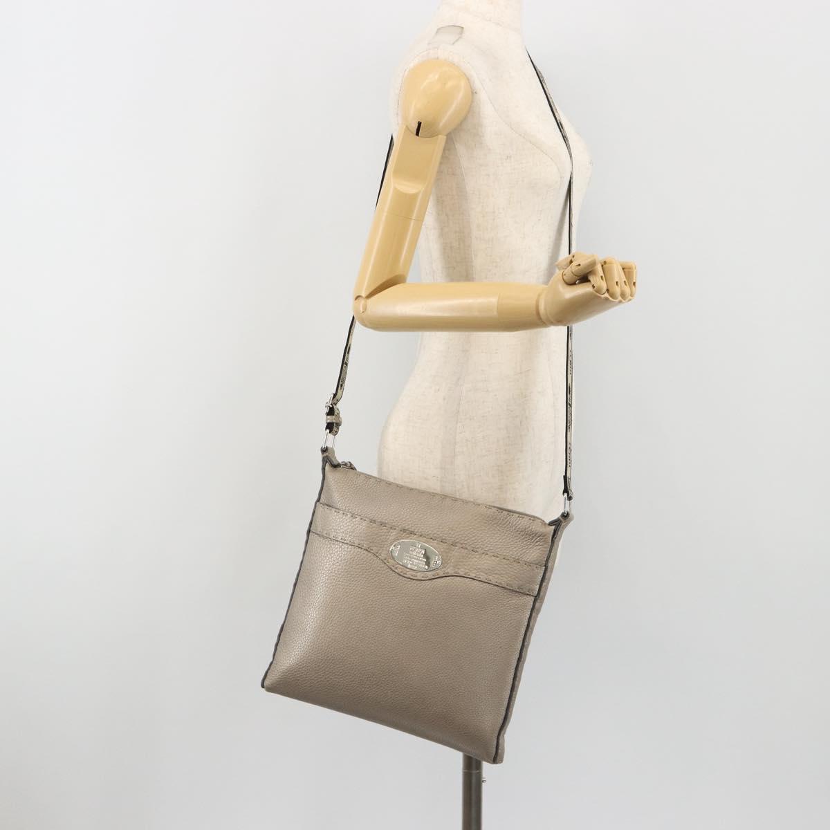 FENDI Celeria Shoulder Bag Leather Gray Silver Auth 193080A