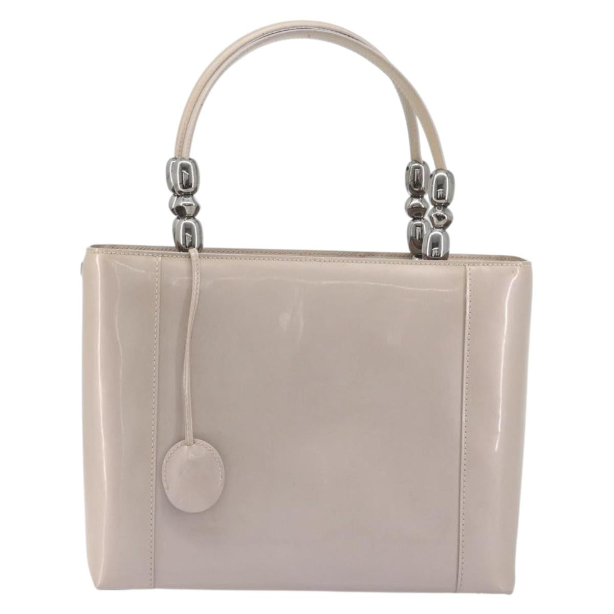 Christian Dior Maris Pearl Hand Bag Patent leather Beige Silver Auth 193082A