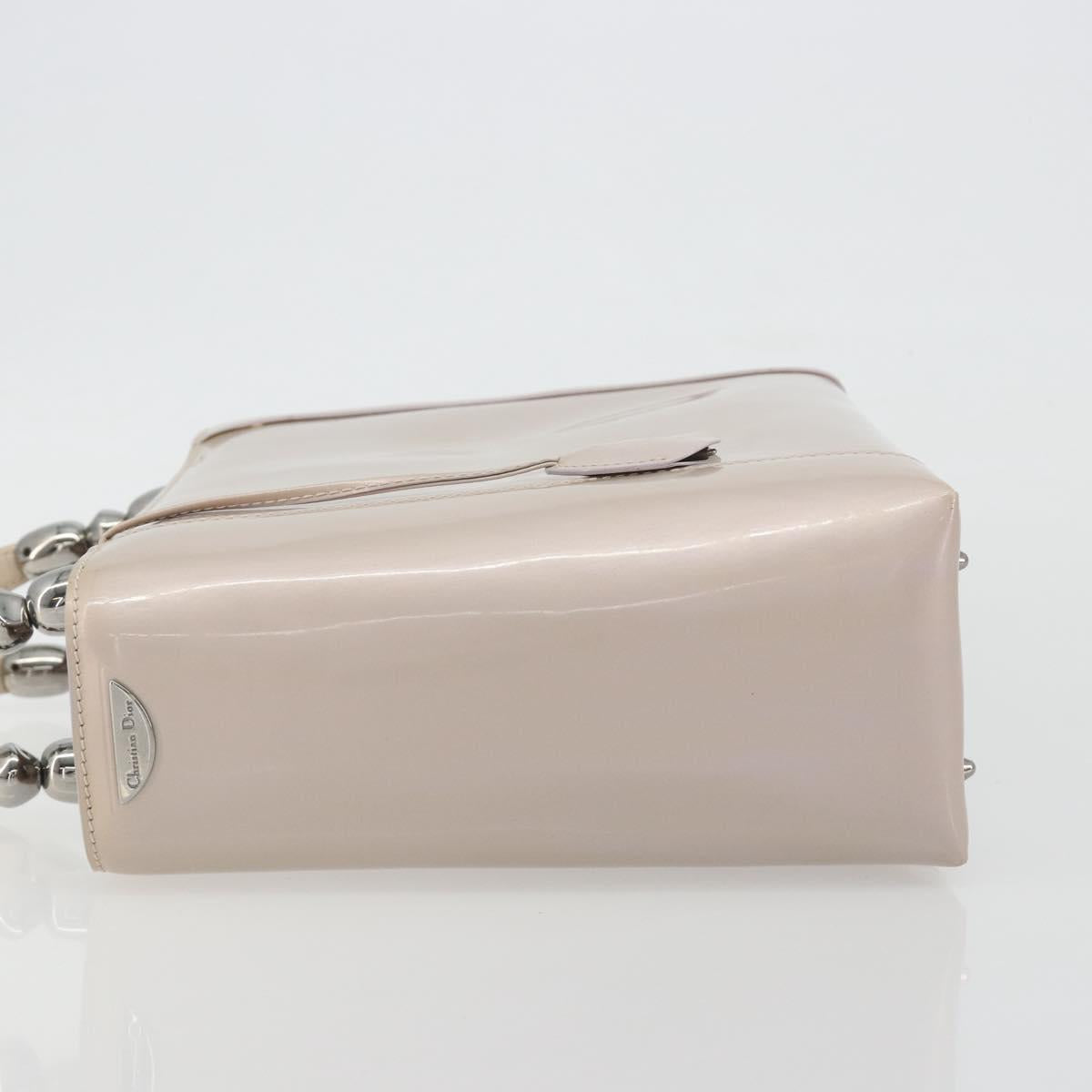 Christian Dior Maris Pearl Hand Bag Patent leather Beige Silver Auth 193082A