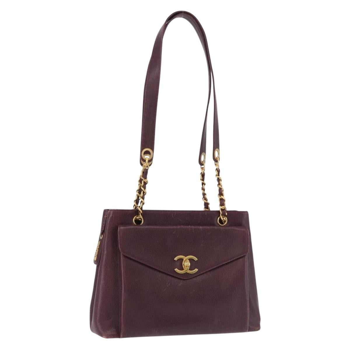 CHANEL Chain Tote Bag Caviar Skin Bordeaux Gold CC Auth 193083A