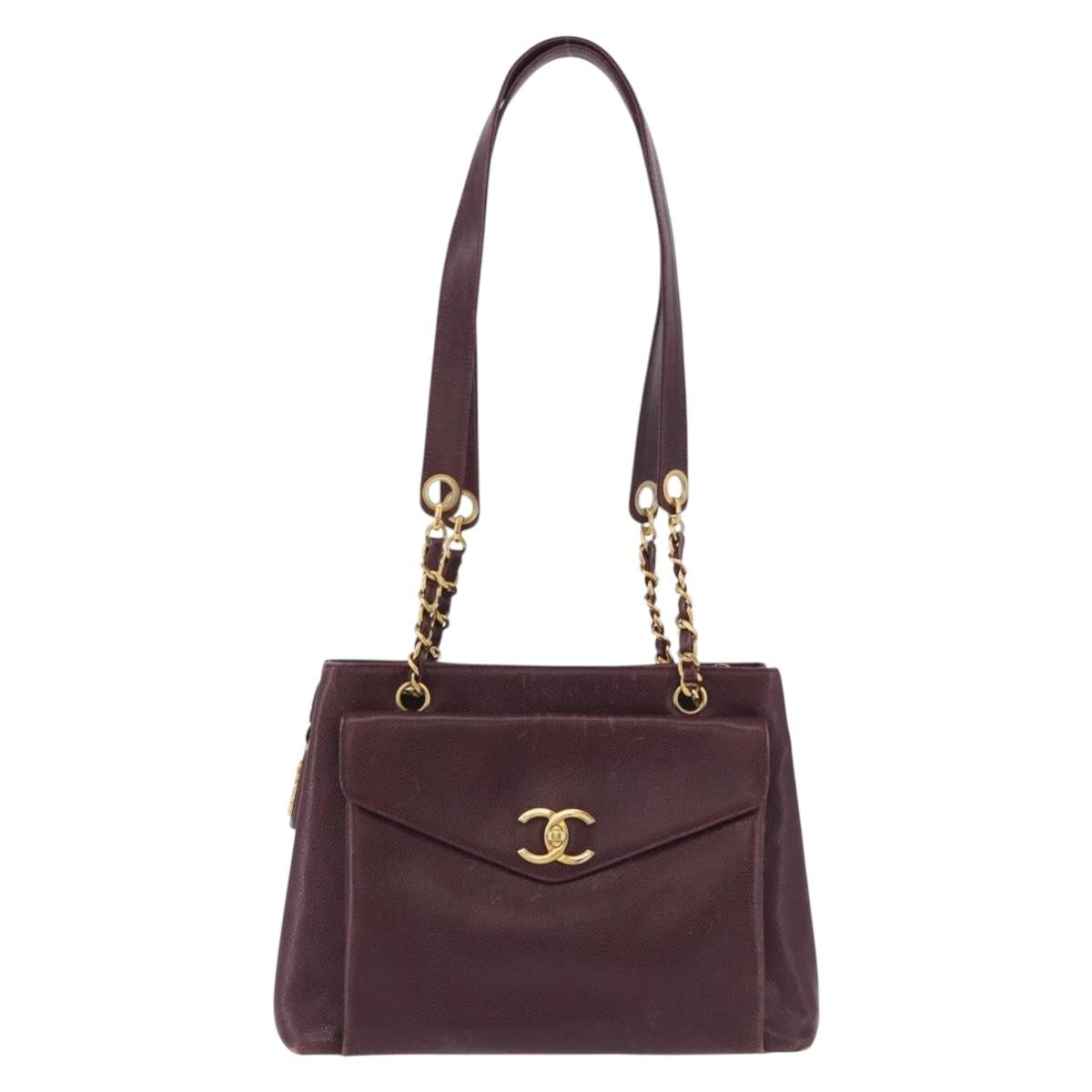 CHANEL Chain Tote Bag Caviar Skin Bordeaux Gold CC Auth 193083A