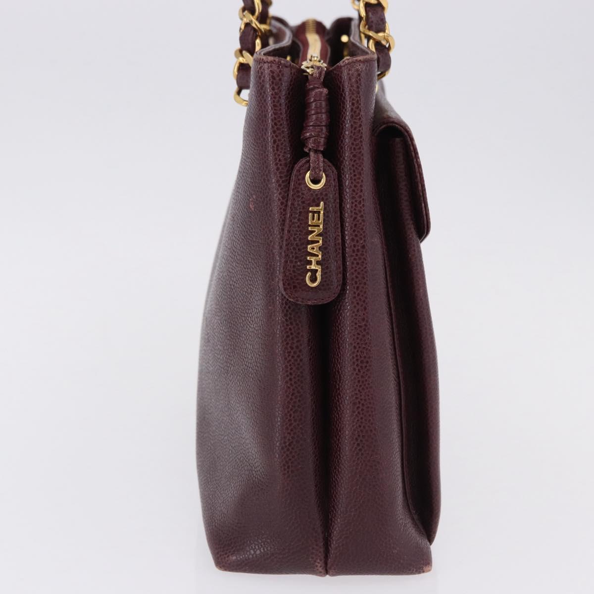 CHANEL Chain Tote Bag Caviar Skin Bordeaux Gold CC Auth 193083A